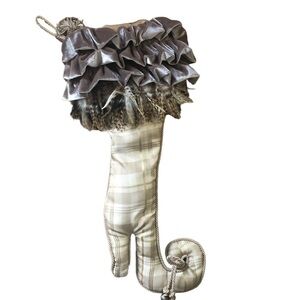 Victorian Boot Holiday Stocking Plaid Velvet Ruffle Feathers bells Large 23”